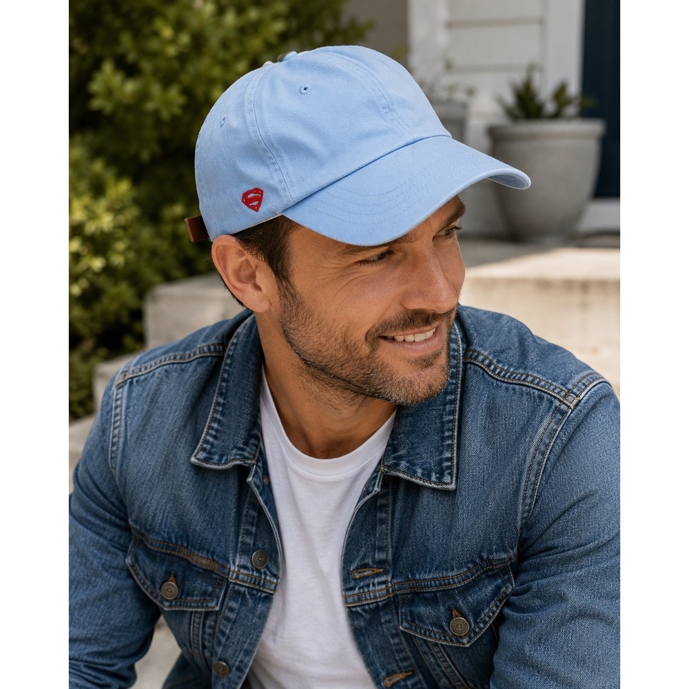 Shoe Palace x Justice League Superman Dad Hat Light Blue Leather Strapback Cap
